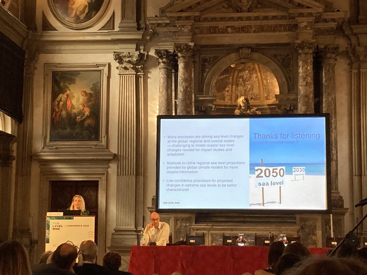 MercatorOcean's tweet photo. Angelique Melet, oceanographer #MercatorOcean presents on the challenges of moving from global to local #sealevelrise modelling @#sealevelriseconference. She highlights initiatives to improve predictions and response especially in Europe #CoClico &amp; #ECFAS https://t.co/wjAEBnSRaT