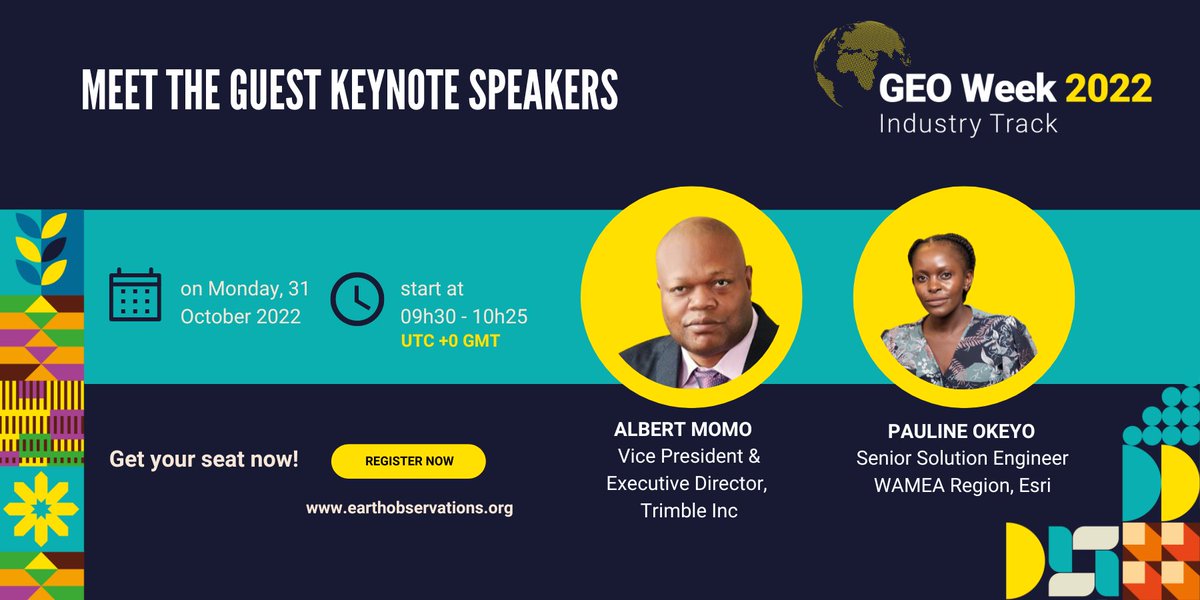 ZASpace_Inc's tweet image. Meet the keynote speakers Albert Anoubon Momo who will be addressing the topic of Building Geospatial Infrastructure through Public-Private Partnerships &amp;amp; Pauline Okeyo will provide insights into Partnerships and the Living Atlas. 

Register to attend: earthobservations.org/geoweek2022.php