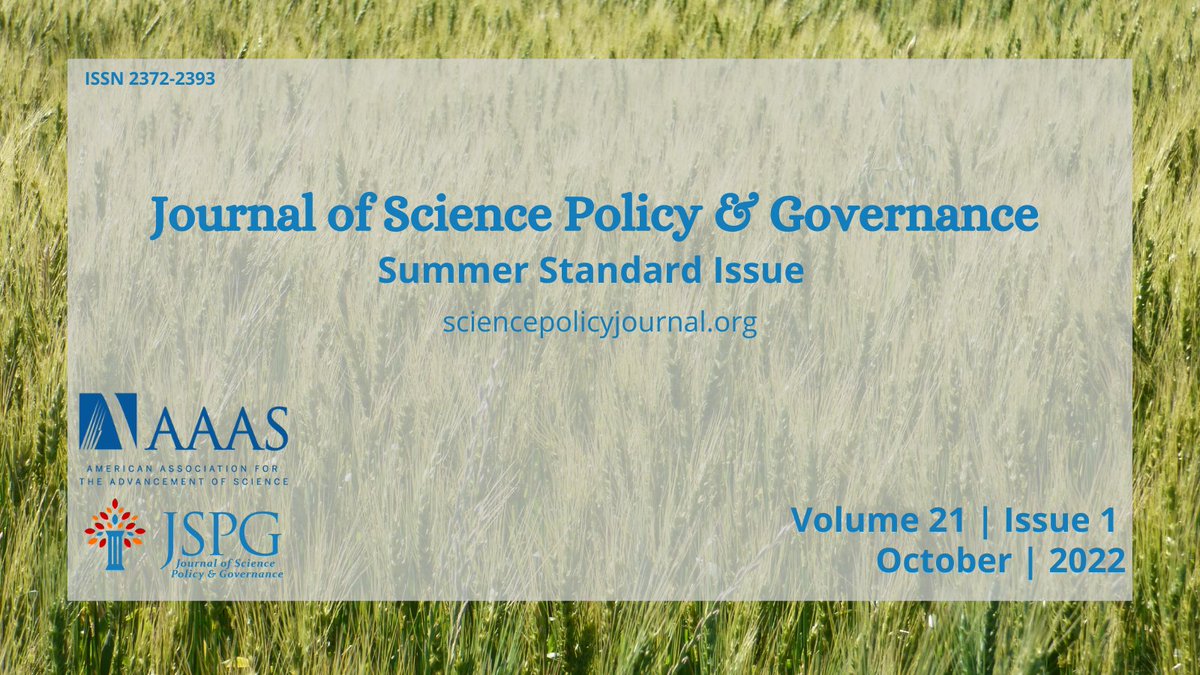 🆕<a href="/SciPolJournal/">Journal of Science Policy & Governance (JSPG)</a> and <a href="/AAAS_STPF/">S&TPolicyFellowships</a> are excited to release the 2022 Summer Standard Issue, Vol. 21, Issue 1! 

Read 9 articles addressing topics such as #RemoteWork, #ARPAH, #SmartBuildings, #DataSurveillance + more!

Full issue: bit.ly/JSPGVol21Iss01