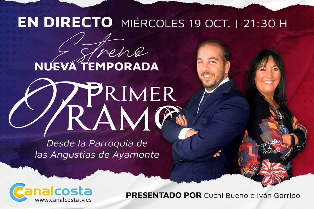 CanalcostaTv's tweet photo. 🙌 ¡𝗘𝗦𝗧𝗥𝗘𝗡𝗢 𝗗𝗘 𝗡𝗨𝗘𝗩𝗔 𝗧𝗘𝗠𝗣𝗢𝗥𝗔𝗗𝗔! 

Este miércoles estrenamos #EnDirecto la nueva temporada de nuestro programa cofrade '𝗣𝗿𝗶𝗺𝗲𝗿 𝗧𝗿𝗮𝗺𝗼 ✝' presentado por @CuchiBueno e @i_pulido, desde la Parroquia de las Anguas de #Ayamonte.

⏰ 21:30 horas. https://t.co/rifXacpH3m