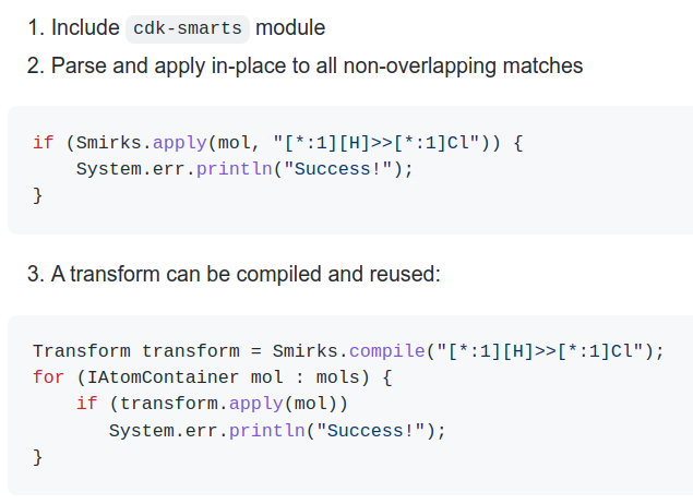 there is a pull request for SMIRKS support. Plz have a look at the functionality, API, and give us your feedback github.com/cdk/cdk/pull/9…