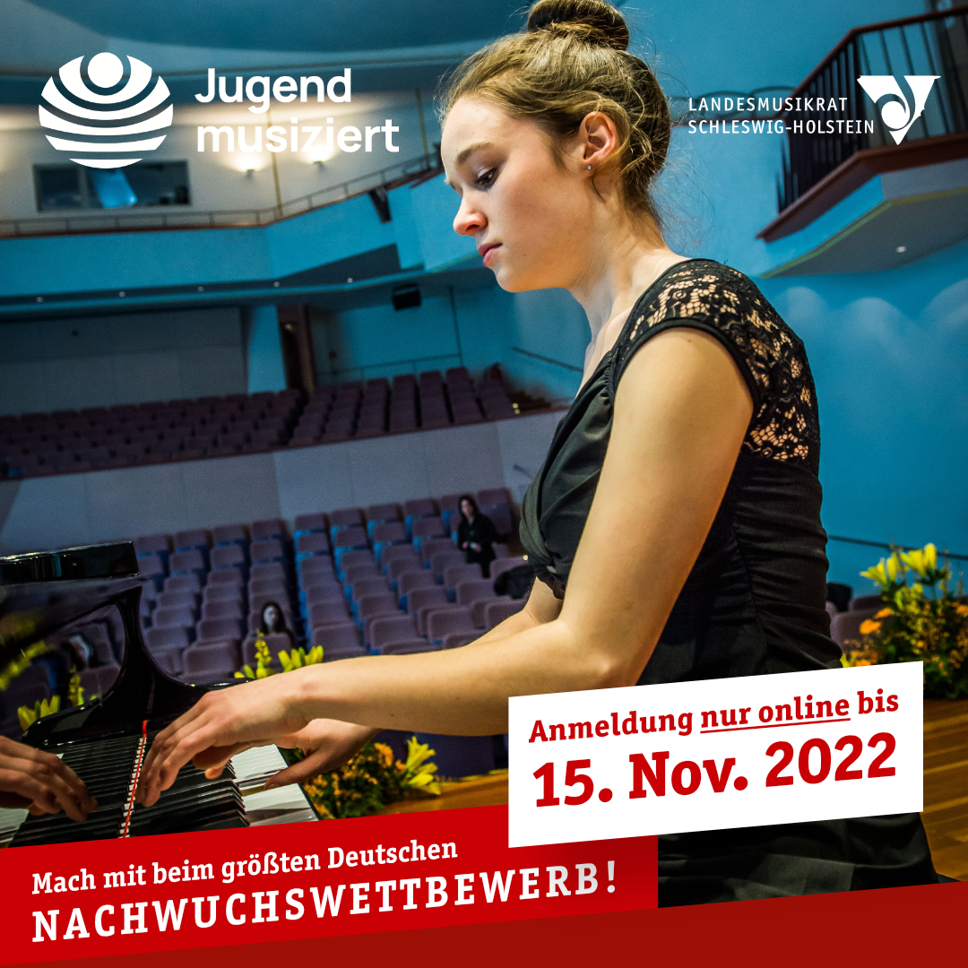 Die „Jugend musiziert“-Saison 2023 startet!🎻🥁

Anmeldung sind ab sofort bis zum 15.11.2022 möglich!
Ausgeschrieben ist Jugend musiziert in der Solowertung für Klavier, Harfe, Gesang, Drum-Set &amp; Gitarre (Pop) sowie Gruppen-Kategorien. 

ℹ️ Infos unter: landesmusikrat-sh.de/jumu