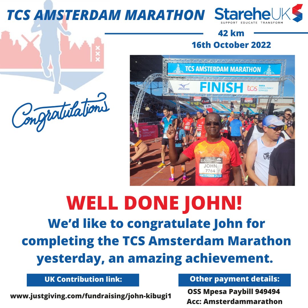 StareheUK's tweet photo. We’d like to congratulate John for completing the TCS Amsterdam Marathon yesterday, an amazing achievement. 

Thank you John for raising funds for Starehe UK. 

Kindly send any contributions to: 
https://t.co/rZ43Vd0YkL https://t.co/OHaSgGLaoG