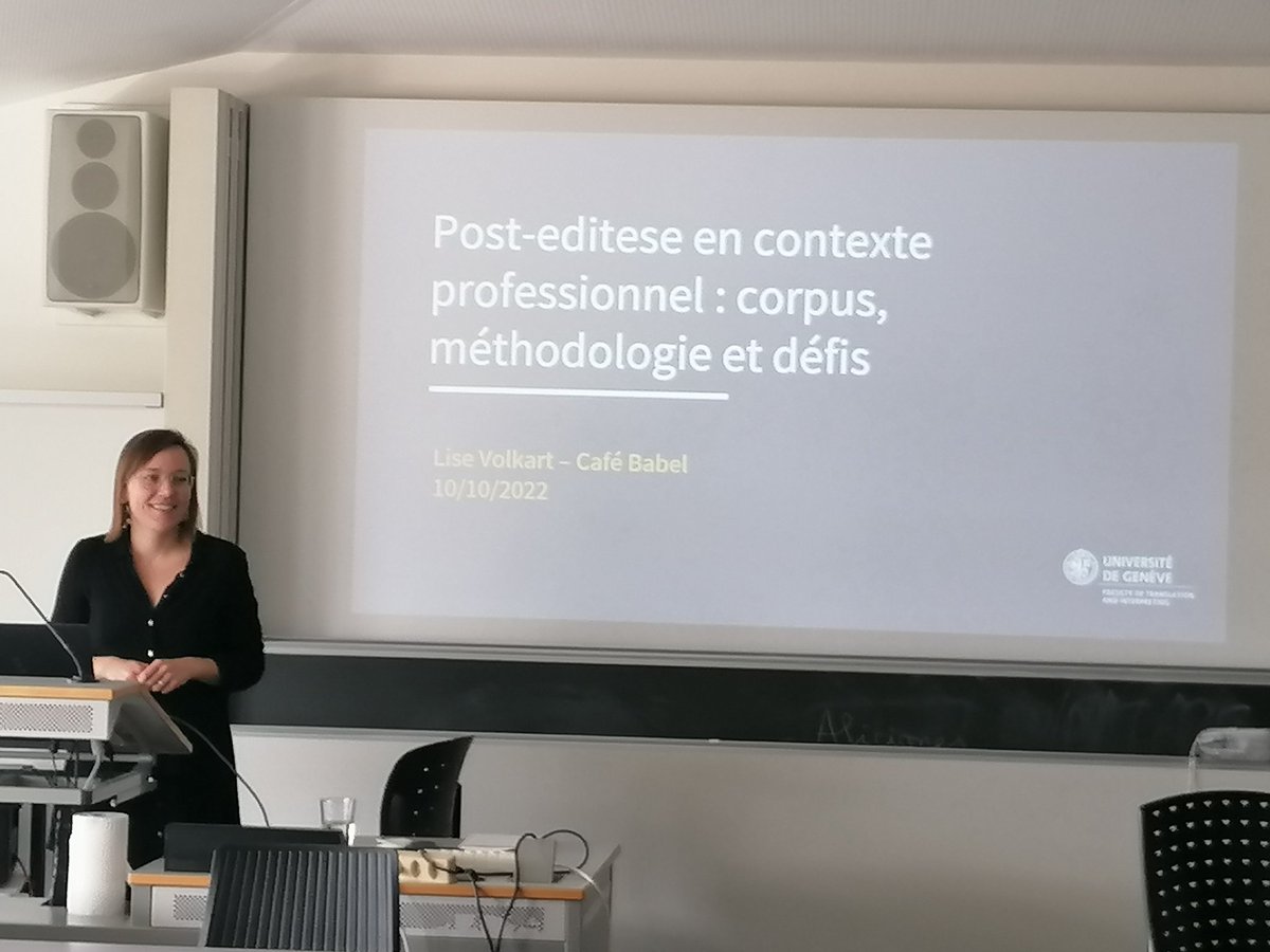 FTI_UNIGE's tweet photo. Deuxième #cafeBabel du semestre: Lise Volkart présente "Post-editese en contexte professionnel: corpus, méthodologie et défis" qui porte sur ses travaux effectués dans le cadre de sa thèse en cours.
#postedition #posteditese #foisonnement #corpusparallele #methodologie #results https://t.co/zqxCfRWXZS