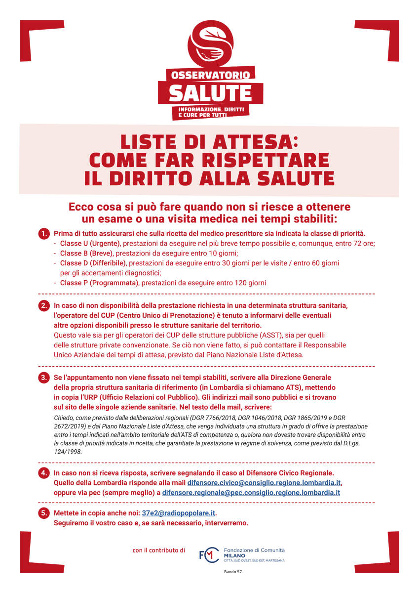 OsservatorioCo2's tweet photo. Cosa si può fare quando non si riesce a ottenere un esame o una visita medica nei tempi stabiliti.
LISTE DI ATTESA: COME FAR RISPETTARE IL DIRITTO ALLA SALUTE

@Fcomunitamilano #FondazioneComunitaMilano #Bando57 https://t.co/MUFbVhFwQh