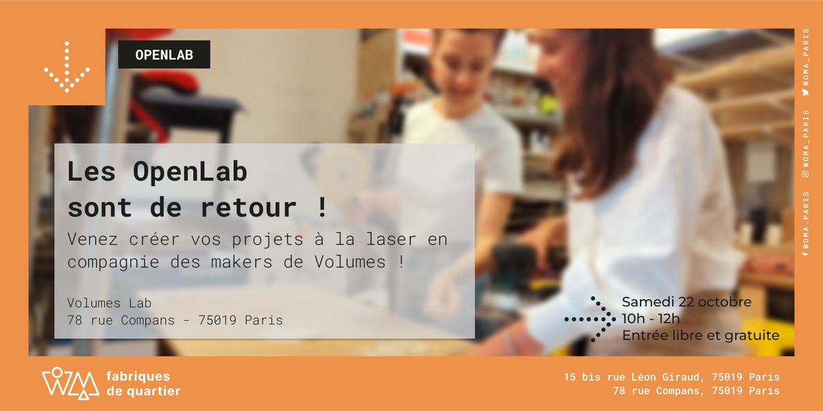 Makers de <a href="/volumesmedia_/">VOLUMES</a>, à vos agendas !
Que vous soyez déjà formé.e ou non à la découpeuse laser, rejoignez-nous SAMEDI 10 OCTOBRE à 10h au 78 rue Compans, pour fabriquer et échanger dans une ambiance conviviale ! 🛠️
(Code du portail : A5725 )