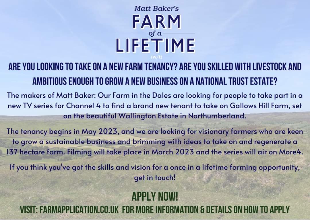 Are you looking for a farm tenancy? @Channel4 have got an amazing opportunity with Matt Baker's new TV show, 'Matt Baker: Our Farm in the Dales.'

Applications open until 31st October! 

#farmer #opportunity #farmtenancy #MondayMotivaton