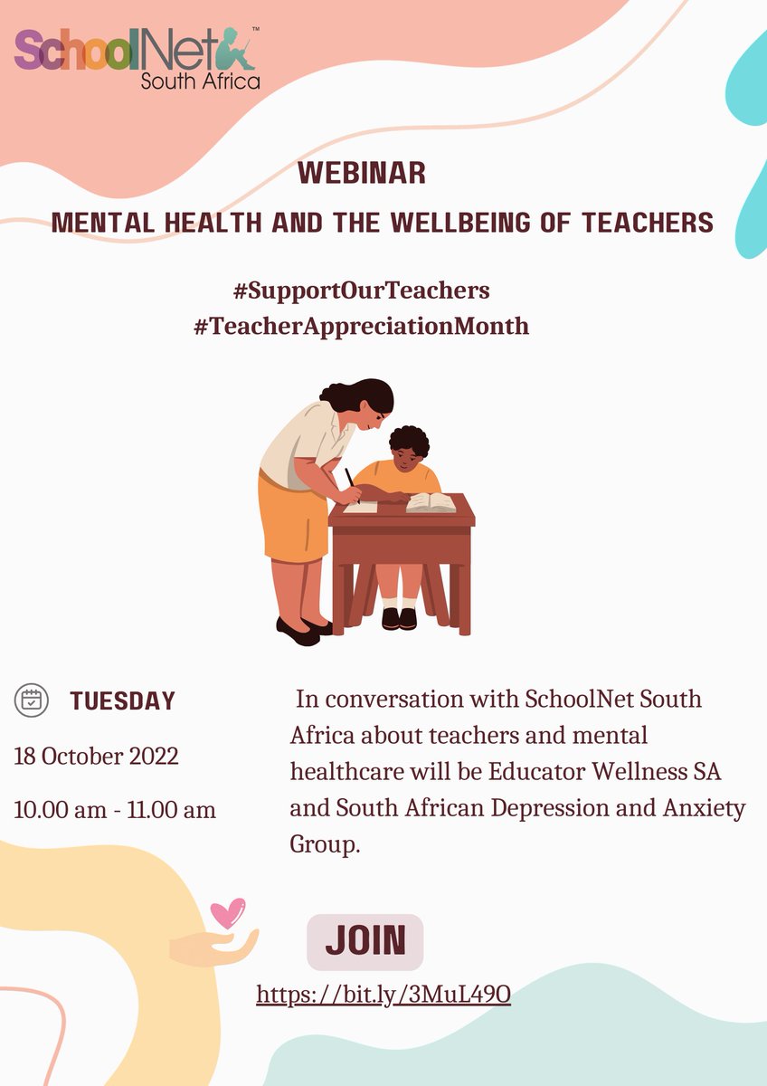 SchoolNetSA's tweet image. Improving teacher well-being has the potential to contribute to positive classroom practice. Join the conversation to learn about mental healthcare support tips. 
#TeacherAppreciationMonth #MentalHealthMatters