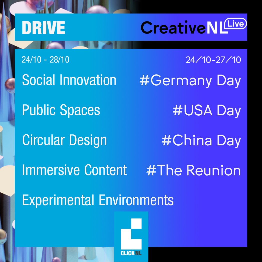 #trots: Tijdens de <a href="/dutchdesignweek/">Dutch Design Week</a> vinden maar liefst vijf volle dagen lang CLICKNL events plaats, namelijk <a href="/drive_festival/">DRIVE Festival</a> en <a href="/Creative_NL_/">CreativeNL</a> Live!🙌