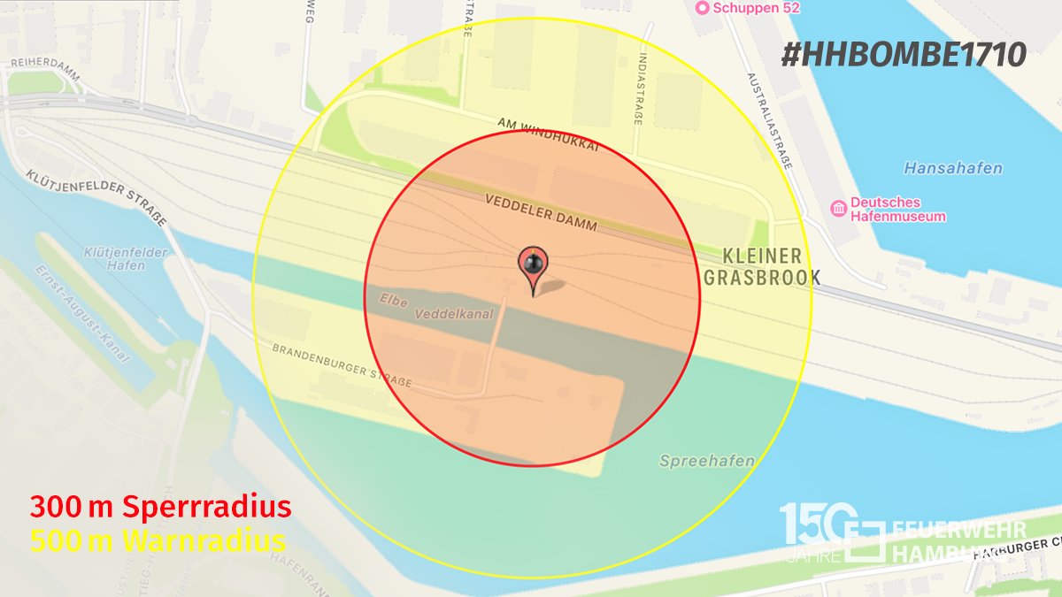 🔴 AKTUELL - Zur #HHBombe auf dem Kleinen #Grasbrook wurden
⛔ 300 m Sperrradius und
⚠ 500 m Warnradius
festgelegt.
Den roten Bereich verlassen, im gelben Bereich nicht im Freien aufhalten❗
Beachten Sie die Anweisungen der <a href="/PolizeiHamburg/">Polizei Hamburg</a> 

#HHBombe1710 #EinsatzfuerHamburg
