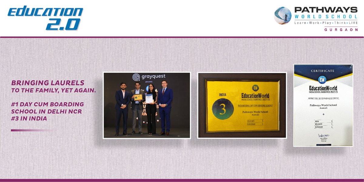 pws_gurgaon's tweet photo. We are pleased to share that Pathways World School has been ranked as the Number 1 International Day Cum Boarding School in Delhi NCR & Gurugram and Number 3 in India, in the recently held Education World India School Rankings 2022-23.
#PathwaysWorldSchool #EducationWorld https://t.co/BwClSX6XVc
