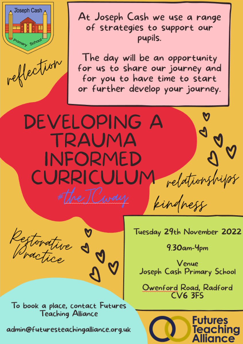 futuresteaching's tweet photo. In partnership with @cashprimary and @attachmentrc FTA are hosting a free conference entitled 'Developing a Trauma Informed Curriculum'.  The event will provide practical strategies for schools to support them on their AATI journey. Keynote from @LynnMiles70 @teesideuni https://t.co/dVAg66UK3n