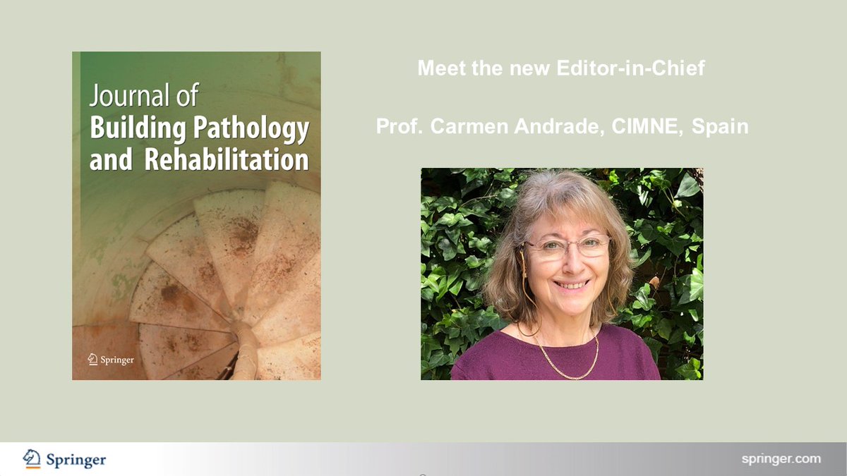 SpringerEng's tweet photo. We are delighted to welcome Prof. Carmen Andrade @cimne as Editor-in-Chief of Journal of Building Pathology and Rehabilitation.
https://t.co/0rbEKh88QH
#BuildingPathology #Conservation https://t.co/ozcjmukCyW