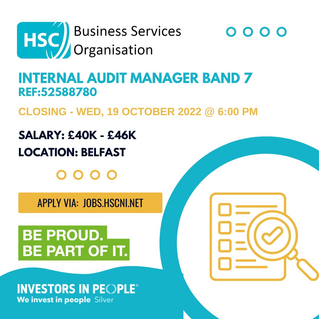 BSO_NI's tweet photo. CLOSING SOON: Wed, 19 October 2022@ 6.00pm

#BSO are recruiting a Band 7 Internal Audit Manager in Belfast  
Salary: £40k - £46k
Contract Type: Permanent

For more information and to apply please follow: https://t.co/llziT5hYw4

#FinanceJobs #AuditJobs #HealthFinance #Belfast https://t.co/EqWF3h1Geq