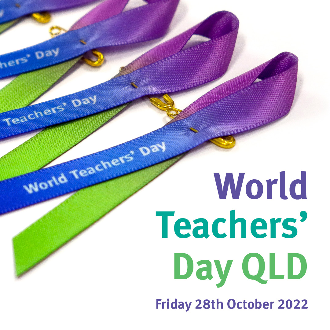 QLDEducation's tweet photo. 🎗️ We are honouring Queensland teachers with a commemorative ribbon for all school staff to wear on World Teachers’ Day next Friday. Get involved and celebrate our teachers 👉 https://t.co/NkMG8y2TMS #WTD2022 https://t.co/XQLXo5c6Fq
