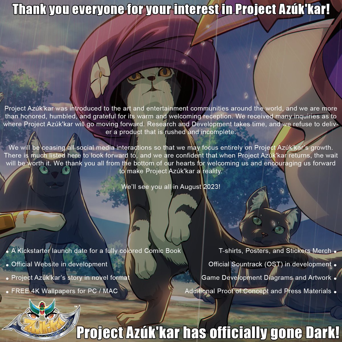 #ProjectAzúkkar

Project Azúk'kar: Going Dark.

We'll be going dark! No more social media posts! We'll see you all in August 2023!

Follow us on Instagram, Facebook and Twitter for all updates.

facebook.com/azukkarofficia…

instagram.com/azukkarofficia…

#EpicFAD