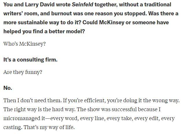 morsanu's tweet photo. You read all those books about success through leadership &amp; empowering people and Seinfeld comes and says this. 😅 https://t.co/jsVuR6XGrY https://t.co/Q9C3PcQw5d
