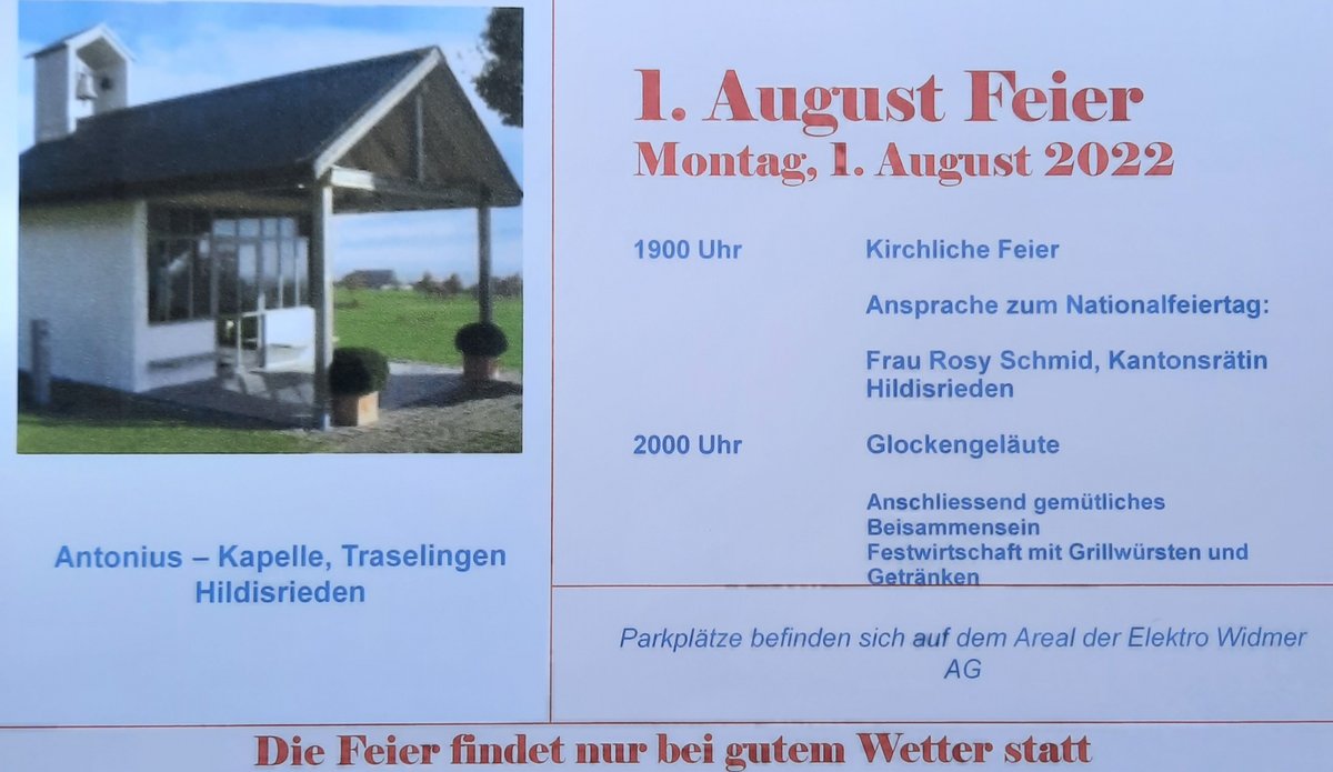 01. August 2022 mitfeiern!

Feiern Sie mit! der 01. August in traditionneller, einfacher Art!

den 01.08.2022 in gemütlichem Beisammensein feiern! rosy-schmid.ch/de/article/576…