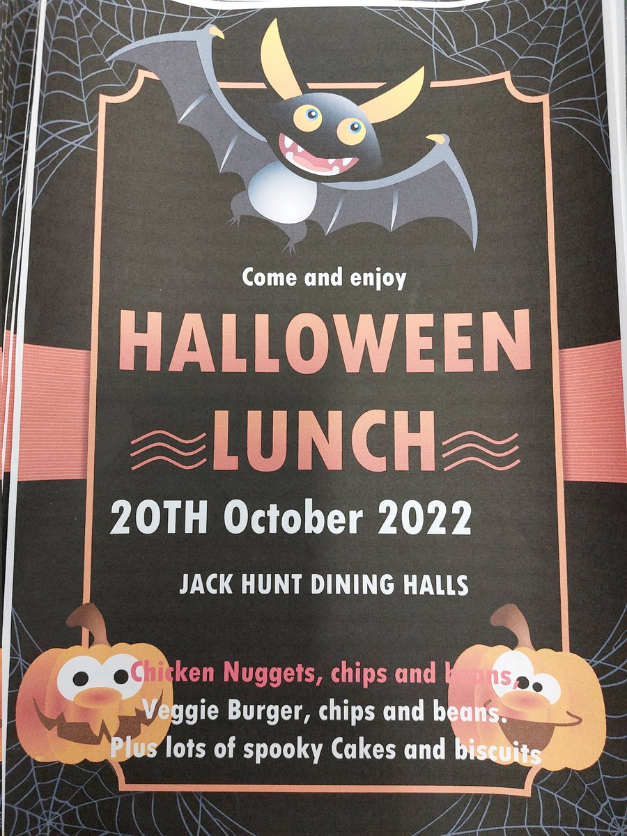JackHuntElior's tweet photo. Come and enjoy a Spooktacular lunch at Jack Hunt School on Thursday the 20th of October 🎃🎃🎃👻👻👻
#Spooky
#HomemadeDelights
@JackHuntSchool
@clairefb12 
@Elior_Group https://t.co/ioUqcJSoa8