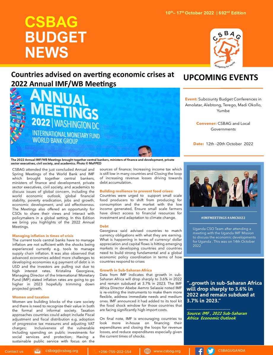 CSBAGUGANDA's tweet photo. In our Weekly Budget News, Countries advised on averting economic crises at 2022 Annual IMF/WB Meetings. Get yourself a copy of the news update via https://t.co/AiwOvPuUut. @JuliusMukunda @IMFNews @SNampewo @namagembeck @BOU_Official @mofpedU @Right2Grow_UG #AMCSO22 https://t.co/d7Hp3XKYU8