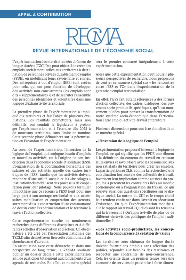 tduverger's tweet photo. Nous ouvrons avec la @RevueRecma un appel à contribution pour un dossier consacré à l’expérimentation des @ZeroChomeurLD - le premier du genre #TZCLD

Les papiers sont à envoyer avant le 9 janvier prochain à Amélie Artis, Danièle Demoustier et moi-même cc @FilippiMarylin1 👇 https://t.co/2FGx2Gkm1c