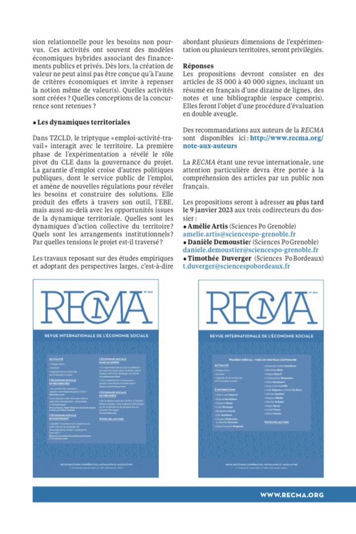 tduverger's tweet photo. Nous ouvrons avec la @RevueRecma un appel à contribution pour un dossier consacré à l’expérimentation des @ZeroChomeurLD - le premier du genre #TZCLD

Les papiers sont à envoyer avant le 9 janvier prochain à Amélie Artis, Danièle Demoustier et moi-même cc @FilippiMarylin1 👇 https://t.co/2FGx2Gkm1c