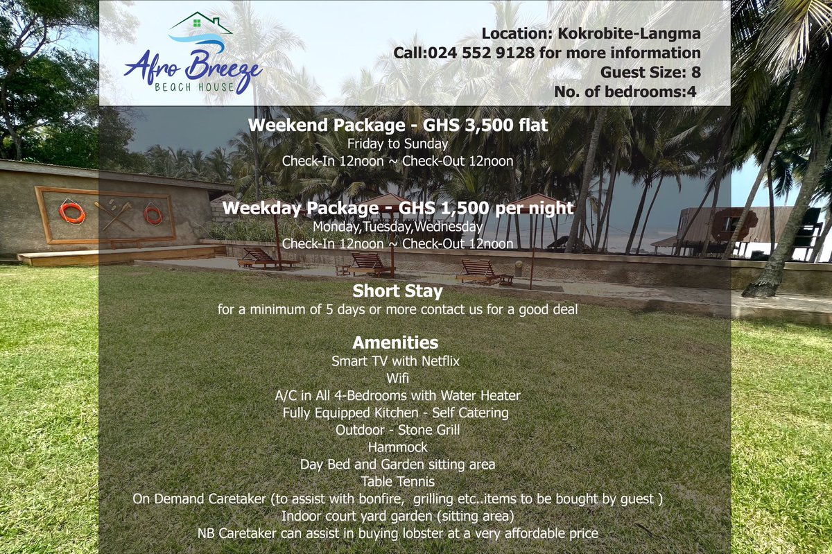 4 bedroom Beach house at kokrobite for rent ..3500gh Friday to Sunday ..8 guests see last frame for details .. please retweet