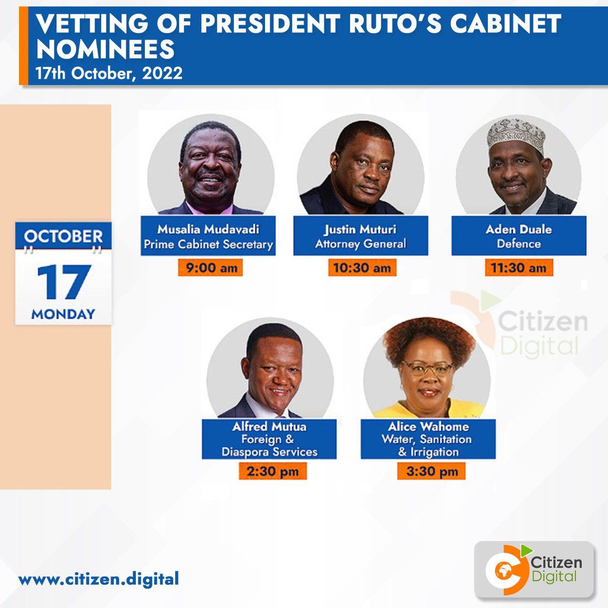 Fchurii's tweet photo. Cabinet Nominees vetting by the Committee on Appointments. Today's schedule. 
Day 1
Catch the live proceedings on @citizentvkenya https://t.co/s9Re5OK07v
