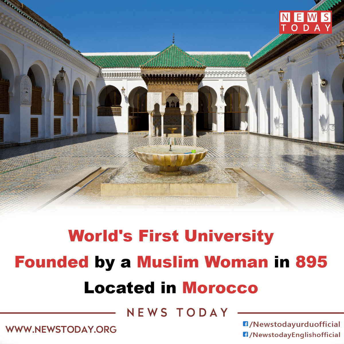newstoday_org's tweet photo. In 895 CE, Fatima bint Muhammad Al-Fihriya Al-Qurashiya established the world's first university in Fez, which is now in Morocco.
Read More:
https://t.co/PY8LRwaraR
#newstoday #WorldFirstUniversity #Morocco #MuslimWomen #fez #Al_Fihriya_Al_Qurashiya https://t.co/ypRDekz5il