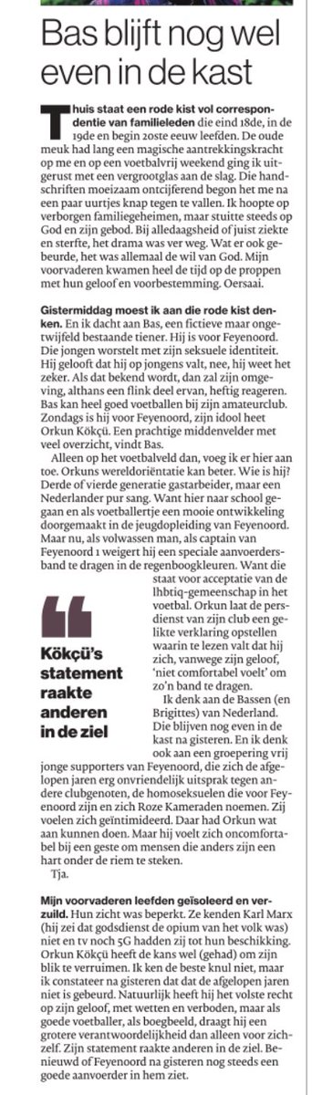 Perfecte column van #hugoborst over waarom het weigeren de regenboog-armband door de <a href="/Feyenoord/">Feyenoord Rotterdam</a> aanvoerder er wel toe doet… ‘Bas blijft nog wel even in de kast’.