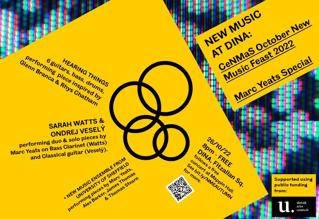 Looking forward to @CeNMaSforum @ShefUniConcerts @DINAvenue New Music Feast 2022 at @tuosmusic next week! With guest composer @marcyeats and guitarist Ondrej Vesely.