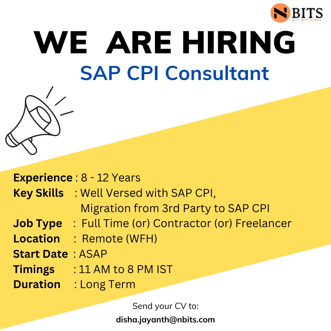 nbits_itcompany's tweet image. Excellent opportunity for SAP CPI Consultant 
Job Type: Full Time/Contract/ Freelancer
Experience: 8 to 12 Years
Location: Remote 
Start Date: ASAP
Duration: Long Term

#SAPAPO #PPDS #GATP #CTPVC #routing #PO #STOssetup #MRP #Sales #OperationalPlanningSAP #CPI #Migration