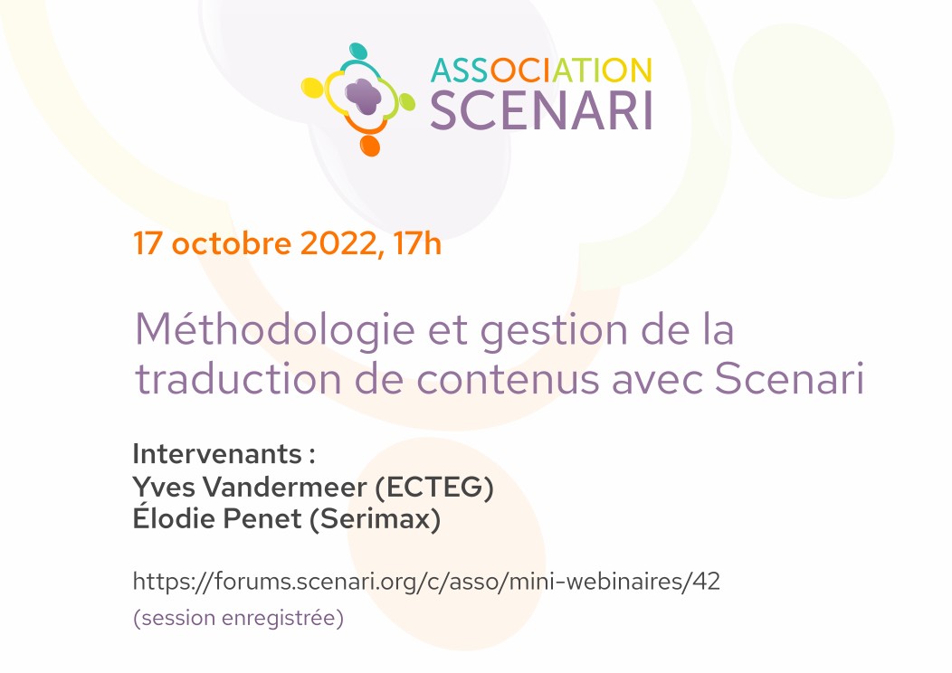 ScenariAsso's tweet photo. 🔥🔥  cet après-midi : mini-webinaire #scenari 🔥🔥
« Méthodologie et gestion de la traduction de contenus avec Scenari »
⌚ de 17h à 18h heure de Paris
🌐 sur https://t.co/GtveR1It4e
Pour préparer la session rendez vous sur https://t.co/WOsxISr1IW https://t.co/Ak3ZrIIQtW