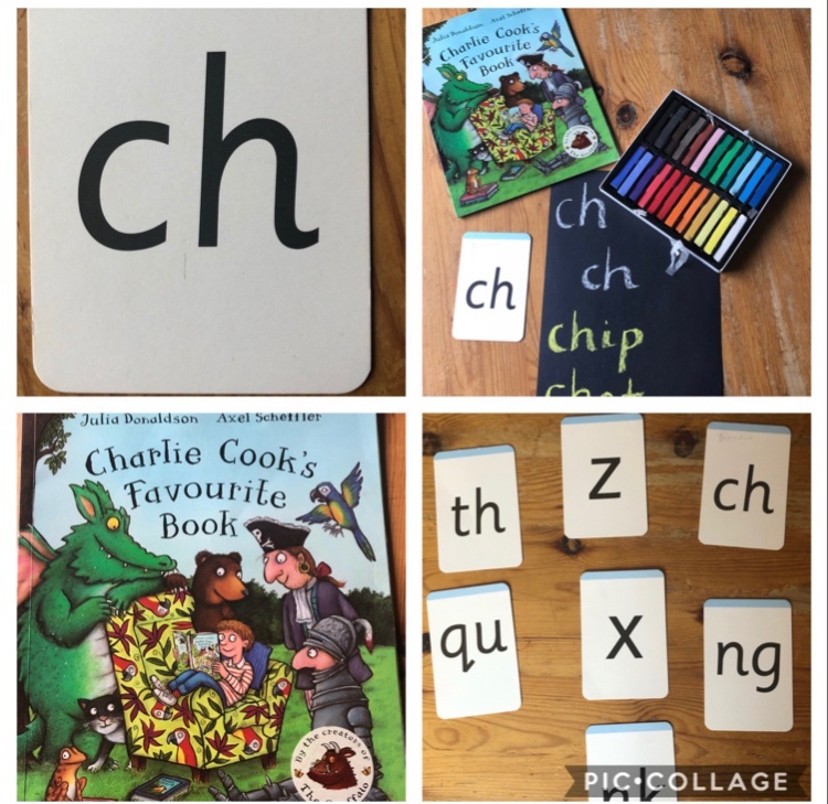 OpyMrs's tweet photo. Linking a story to a new phoneme can really help remind children that the phonemes they are learning are leading the way to learning to read. We are writing with ch ch ch chalk #phonics #literacy #CharlieCooks #JuliaDonaldson #RWI https://t.co/sW5sulakc6