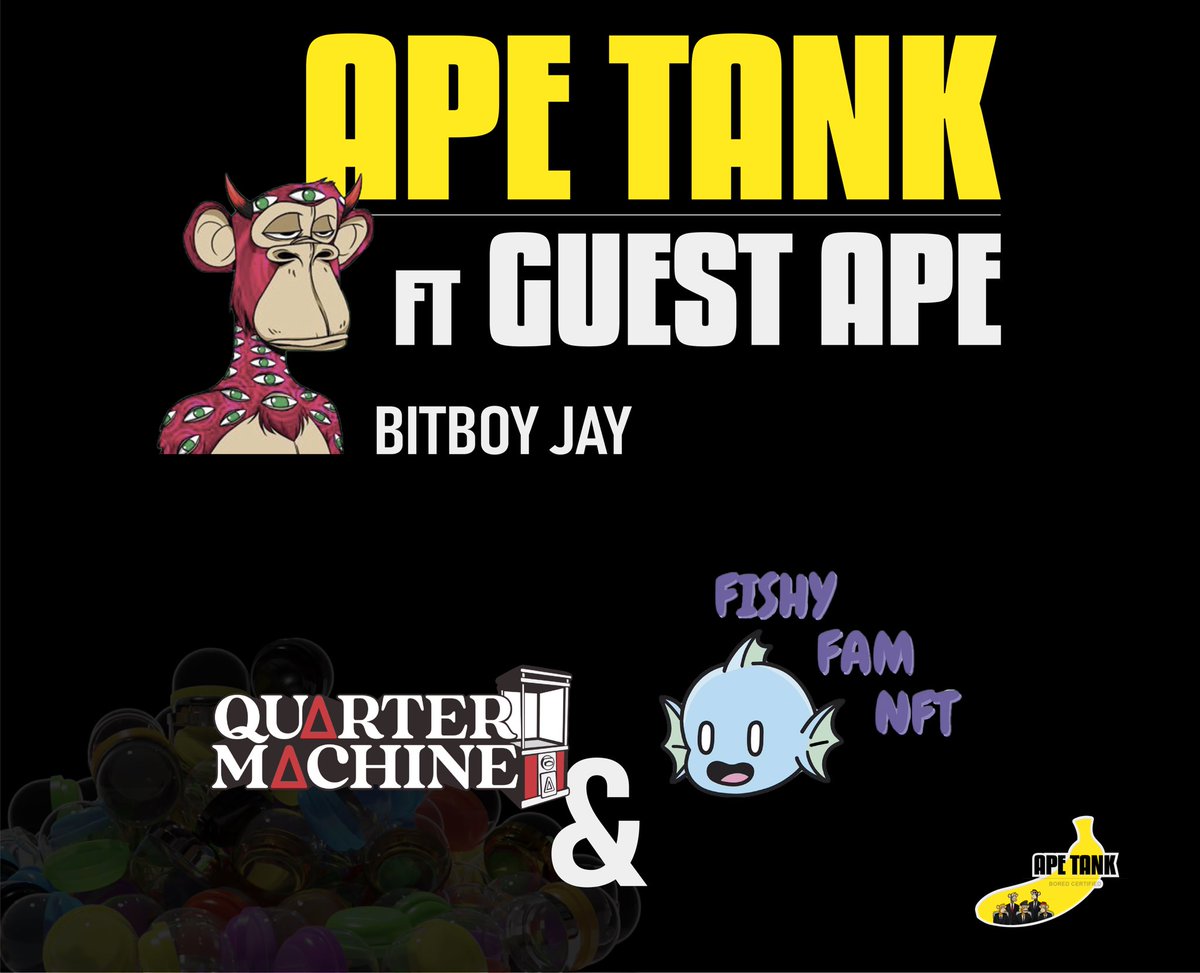 ape_tank's tweet photo. Join @ape_tank for episode #14 on Wednesday 19th October @ 7pm EST with Guest Ape @BitBoyJay as we take a look under the hood of @QuarterMachine & @fishyfamNFT with the rest of the Ape Tank team 🔥 #APETANK #BAYC #quartermachine #fishyfam https://t.co/c1bL8HIuNb