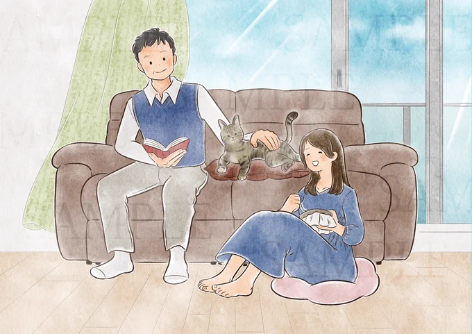 \ WORK /「ご家族で過ごす居心地のよい時間」をテーマにオーダーいただきました。やわらかいひかり・たいせつな家族と過ごす時間がずっと続きます様に、と心を込めて描きましたご依頼いただき、ありがとうございました!#イラスト #オーダーイラスト #似顔絵 