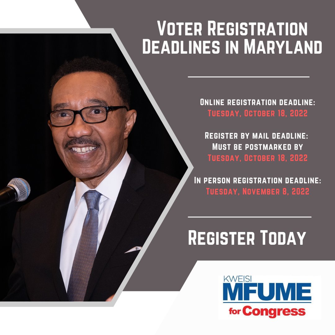 Mfume4Congress's tweet photo. It's not too late, register to vote today! #vote #RegisterToVote #Maryland #Baltimore #mfumeforcongress https://t.co/3lzZ0a7w6T