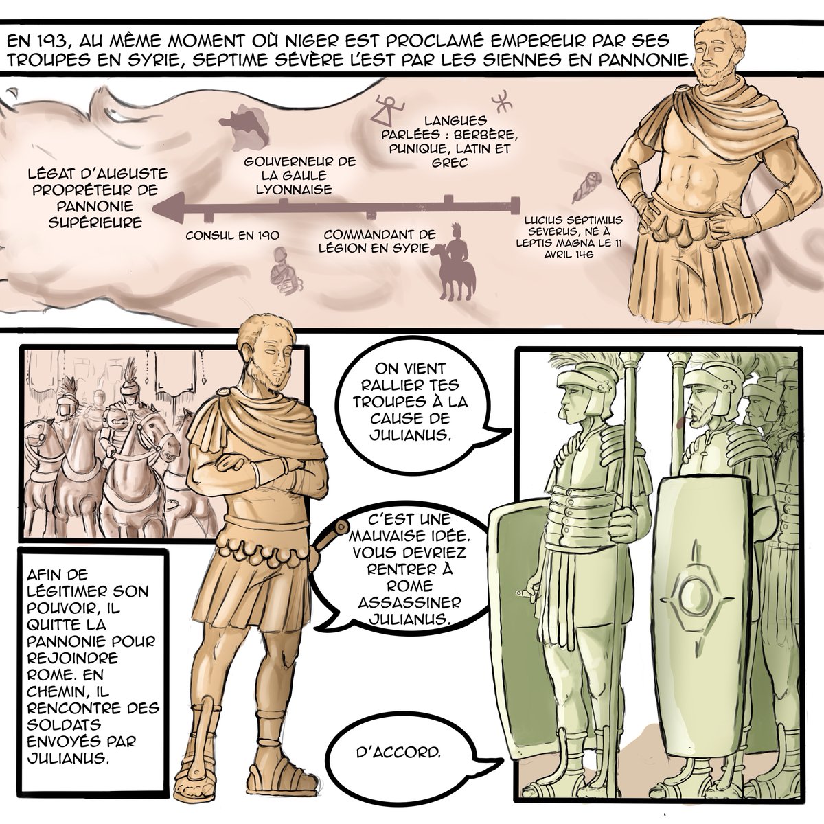 GameFlowEdition's tweet image. Voici en image comment Septime Sévère est arrivé au pouvoir ! 🏺
💬 Cette bande dessinée a été réalisée par l’Equipe Ludique : Les illustrations sont de Nassim Touati et le Scénario de Clara Chavassieux.