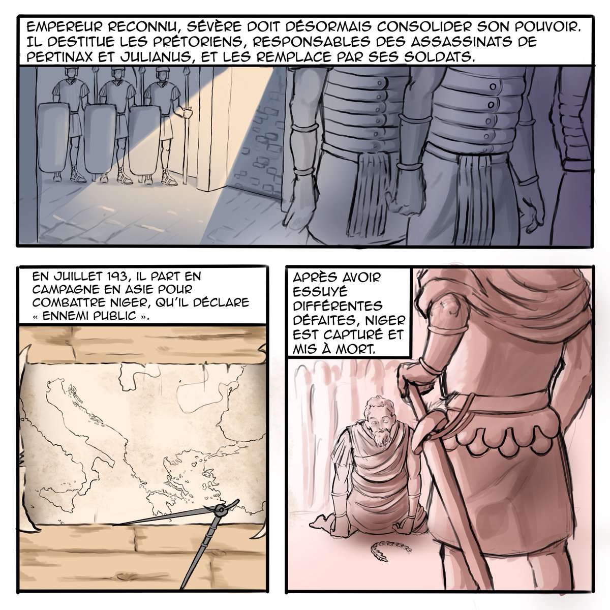 GameFlowEdition's tweet image. Voici en image comment Septime Sévère est arrivé au pouvoir ! 🏺
💬 Cette bande dessinée a été réalisée par l’Equipe Ludique : Les illustrations sont de Nassim Touati et le Scénario de Clara Chavassieux.