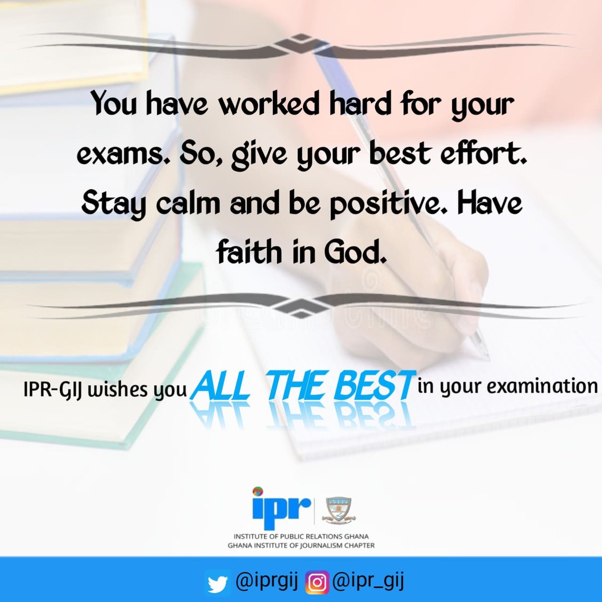 iprgij's tweet photo. IPR-GIJ wishes you all the best in your exams.
#iprgij #bestofluck https://t.co/Oa0xP9zvbh