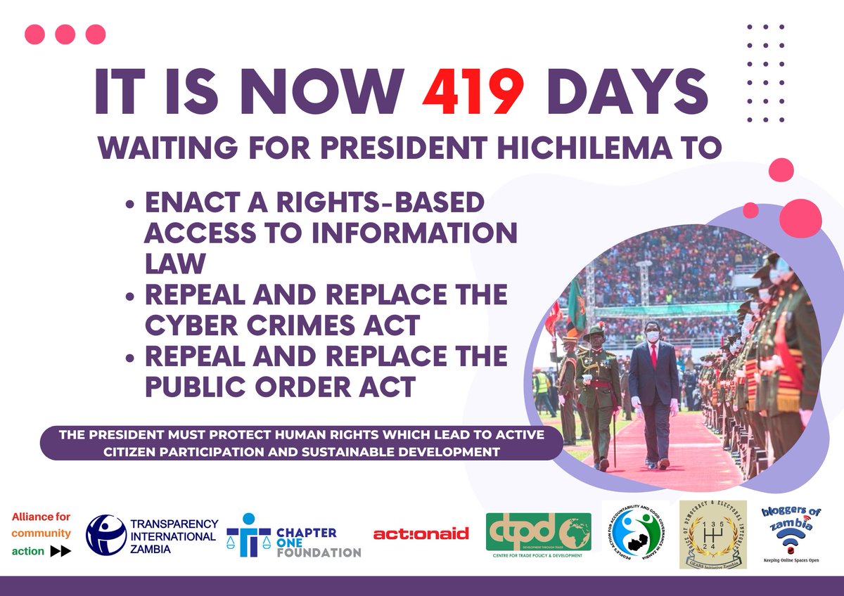 ZambiaAsks's tweet photo. During the 2021 General Elections, President @HHichilema committed to embarking on legislative reforms through a participatory constitutional reform process that would lead to a durable constitution once voted into power. 419 days after being sworn in, we are still waiting. https://t.co/cVFDPSEhQD