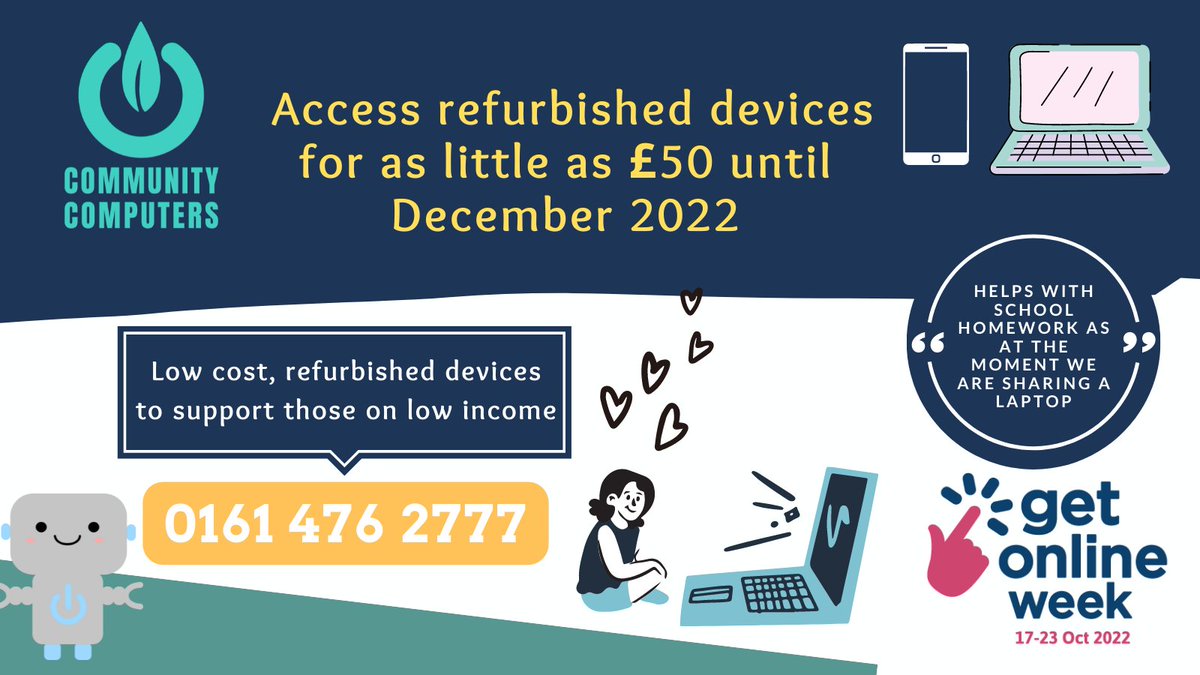 To start #GetOnlineWeek, we're pleased to announce that we can now offer devices at just £50 until December to help residents in Stockport &amp; Manchester get online! #DigitalInclusion  #DonateYourTechForReuse <a href="/SMBC_Digital/">#digitalstockport</a>  <a href="/StockportMBC/">Stockport Council</a> <a href="/ManCityCouncil/">Manchester City Council</a> <a href="/LetsGetDigiMcr/">Let's Get Digital Manchester</a> <a href="/recycle4gm/">Recycle for Greater Manchester</a>