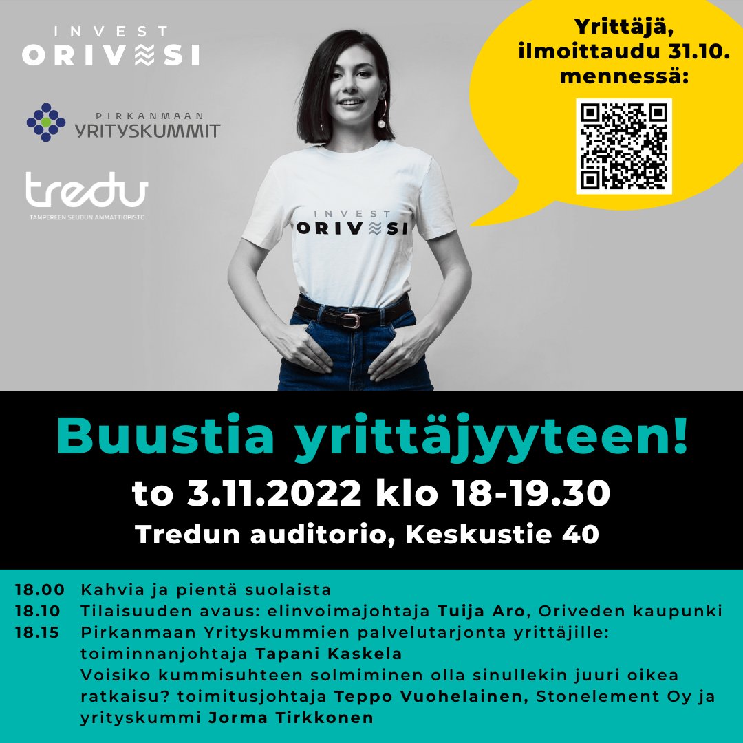 orivesi's tweet photo. 📣 Yrittäjä, tervetuloa tutustumaan yrityskummi-toimintaan, verkostoitumaan ja hakemaan uusia ideoita omaan yritystoimintaan!

Ilmoittaudu 31.10. mennessä sähköisellä lomakkeella: https://t.co/V07AWv9T0z

#InvestOrivesi #PirkanmaanYrityskummit @treduofficial https://t.co/Ckg2i6dbUR
