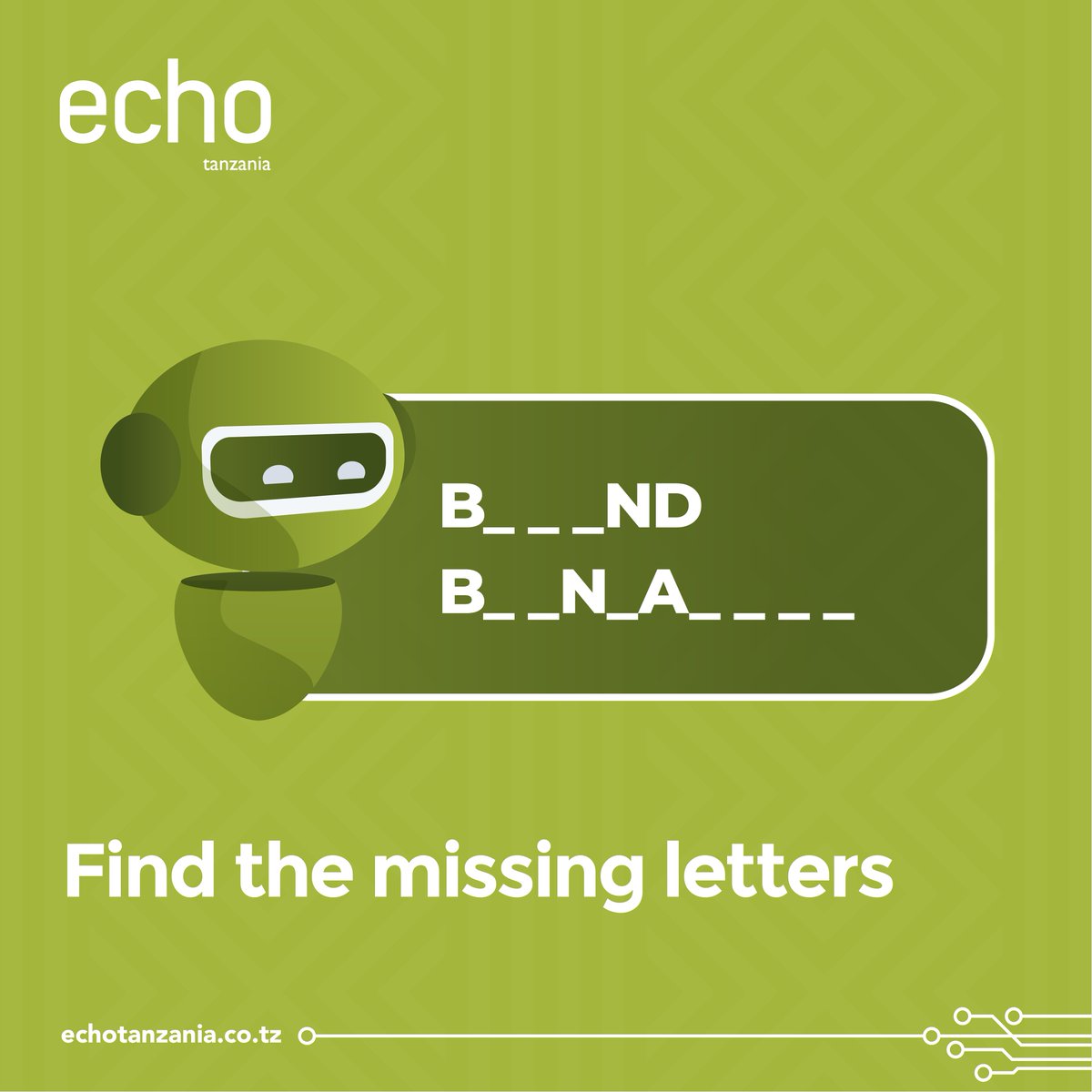 EchoTanzania_'s tweet photo. Echo Tanzania provides ICT solutions that are ….
Comment the missing letters down below to complete the sentence. 

Say Jambo! jambo@echotanzania.co.tz 

#echotz #echotanzania #echotel #echoteltanzania #echoteltz #ictcompany #ictcompanytz #tanzania #echosecho #beyondboundaries https://t.co/WRj5Swgk4z