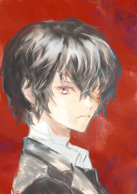 #今日のだざいさん その2 #文スト 反転して描いてたので包帯の向きを間違えました…。頬の絆創膏は省略ということが多いです。習作。 