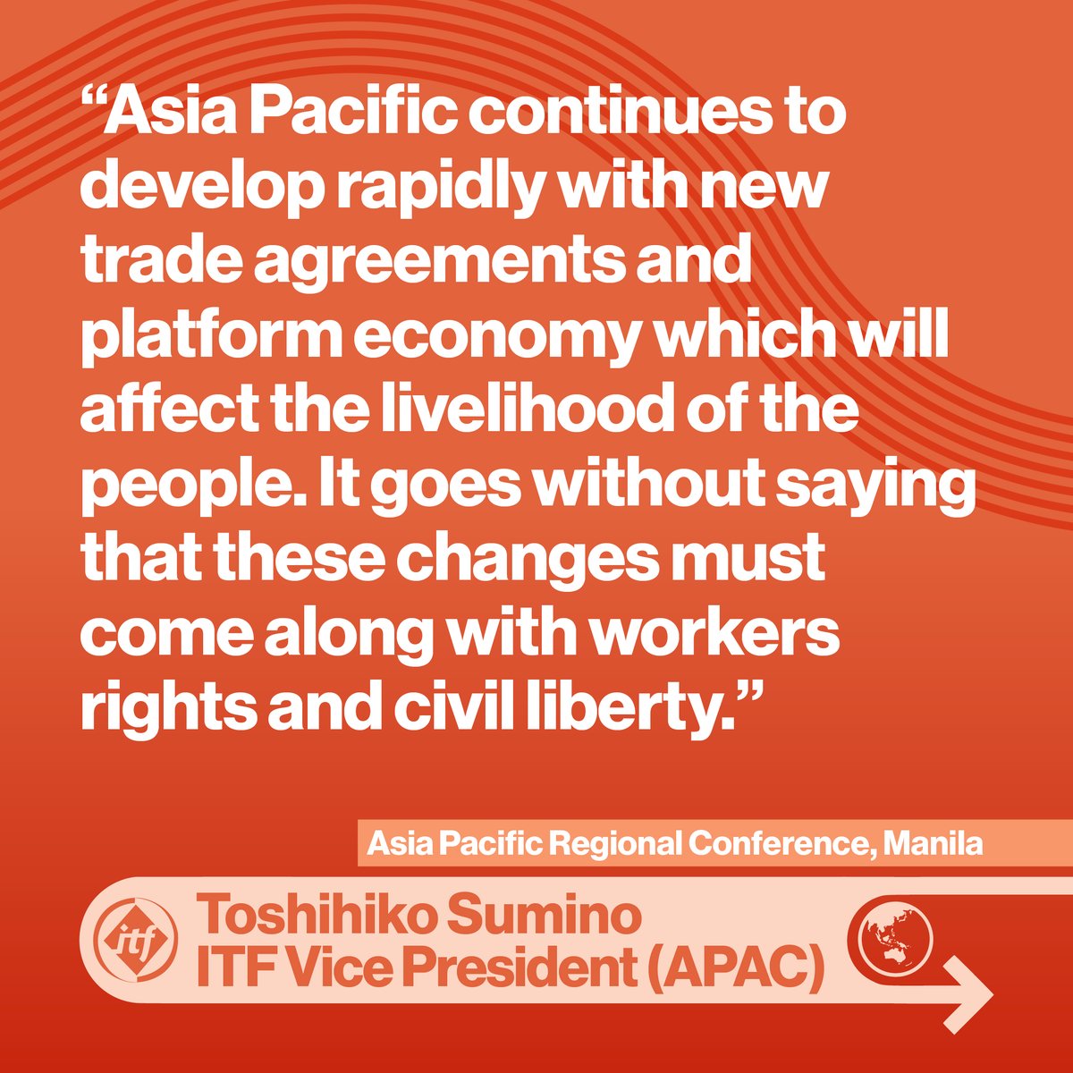 ITFglobalunion's tweet photo. ITF Vice President representing Asia Pacific Toshihiko Sumino is 100% correct. Whatever our challenges it goes without saying that we will fight to defend and enhance workers' rights and civil liberties irrespective of what's in front of us. #ITFAP22 #WeMoreTheWorld https://t.co/GPoZt4VEji