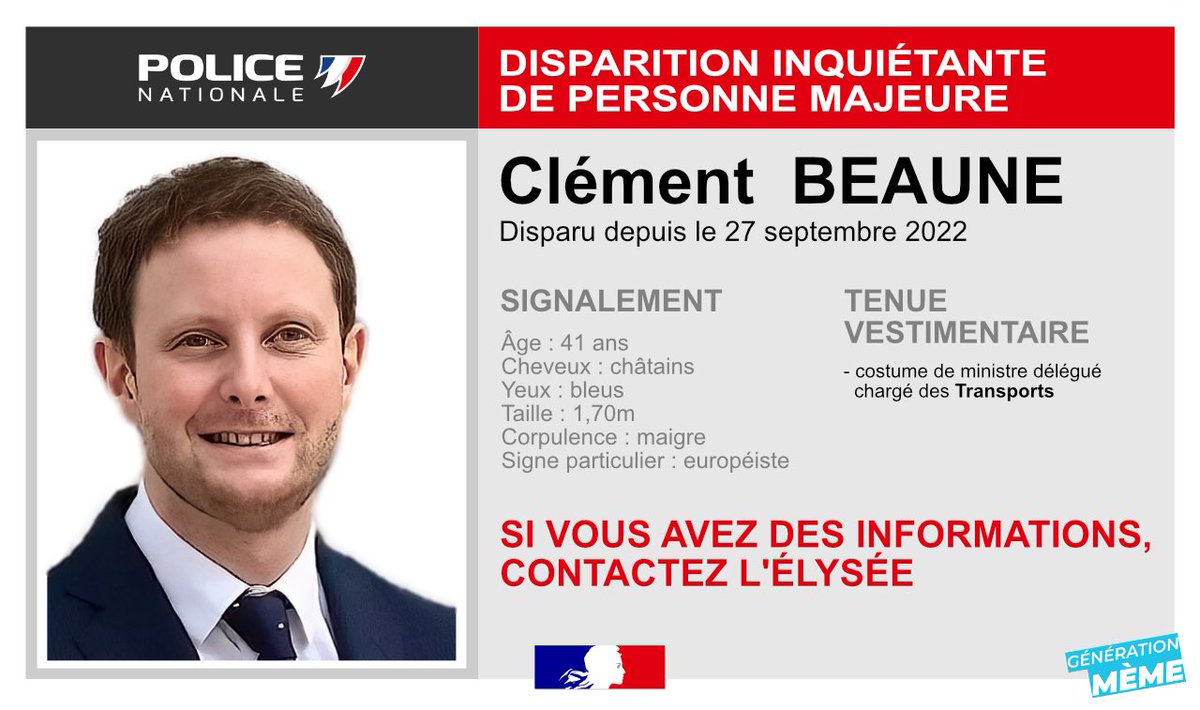 CH_Gallois's tweet photo. 🚨 Alerte enlèvement : où est Clément Beaune ?

Aucune anticipation. Le ministre des Transports se cache !

#PénurieEssence #PénurieDeCarburant https://t.co/T2Yt3ghH6Q