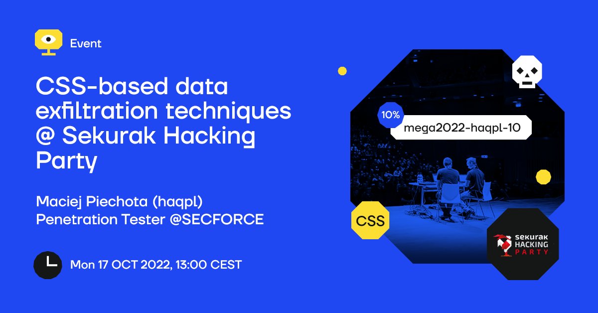 SECFORCE_LTD's tweet photo. People! One of us is hitting the stage later today 👇👇

🎤: @haqpl
🕐: 13:00 CEST
📍: @Sekurak Hacking Party
🇵🇱: Live streaming mostly in Polish
🎟: 10% off on tickets using code: mega2022-haqpl-10
https://t.co/w12I4KW9Kx

#SekurakHackingParty #css #exfiltration  #HackingGood https://t.co/rdJpsqIE4l