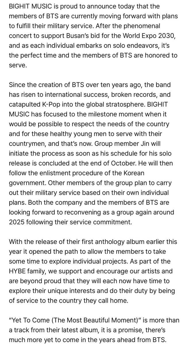 — BIGHIT MUSIC CONFIRMA QUE BTS CUMPLIRÁ EL SERVICIO MILITAR OBLIGATORIO! “BIGHIT MUSIC se enorgullece en anunciar hoy que los miembros de BTS actualmente están avanzando con planes para cumplir con su servicio militar. Después del fenomenal concierto para apoyar la candidatura+