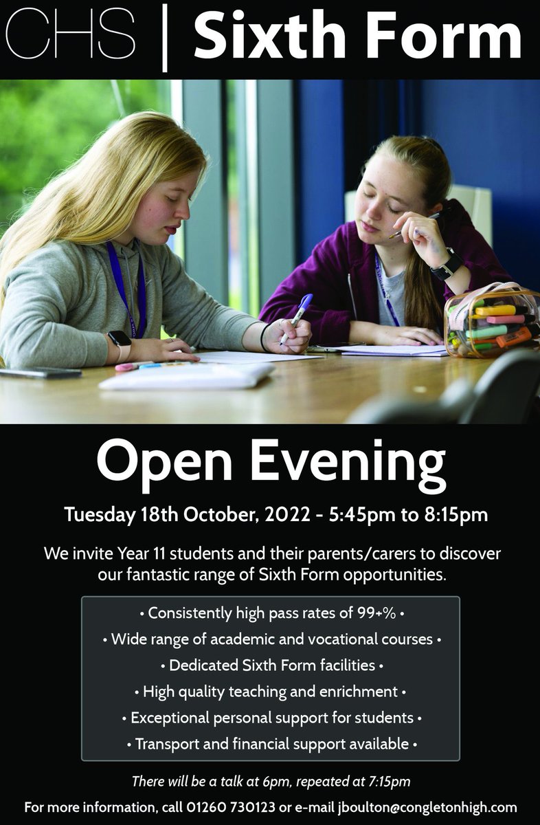 Y11 students from CHS and all schools in the area are invited to join us for our <a href="/CHS_Sixth_Form/">Congleton Sixth Form College</a> Open Evening tomorrow (Tuesday 18th). Students can learn more about the exceptional support and the many academic and personal opportunities available.  See: bit.ly/3rAUZRW
